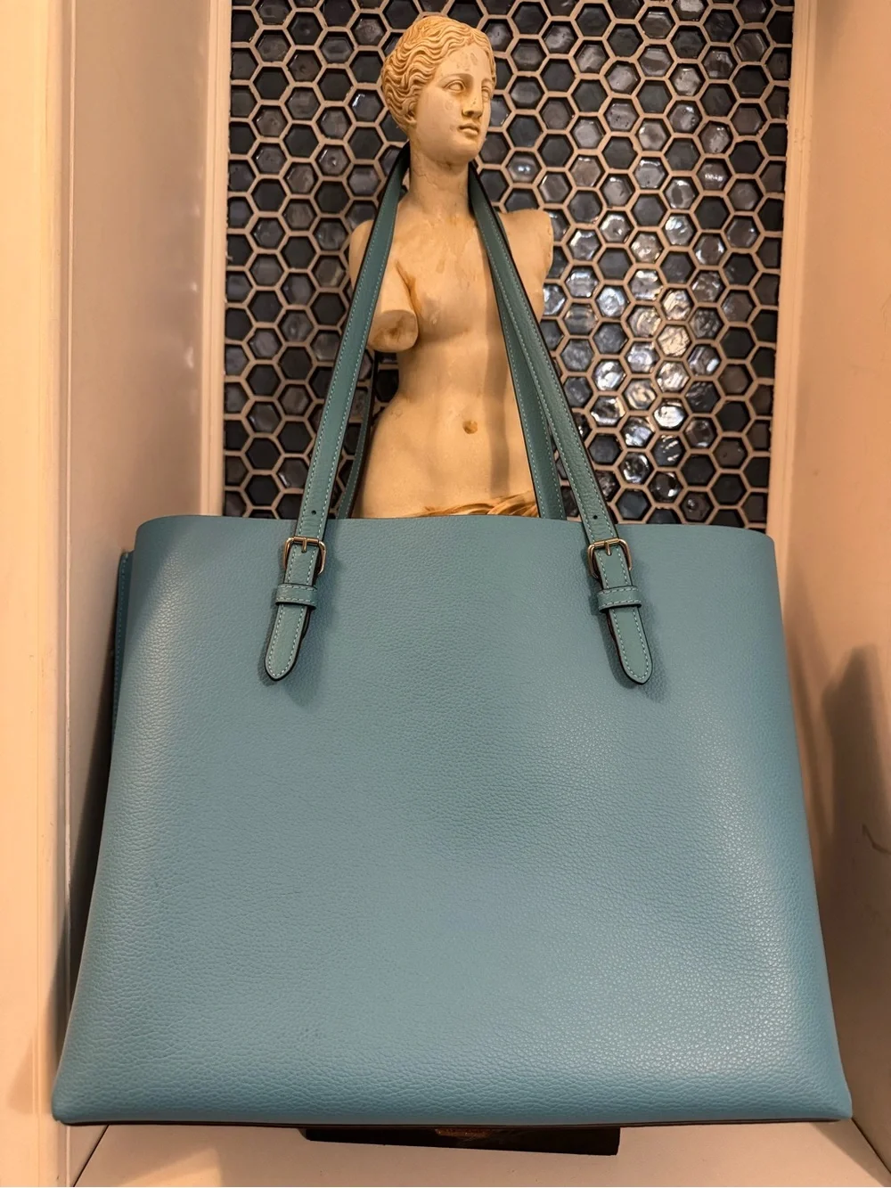 Coach Mollie Tote in Pebbled Leather – Blue with Green Large tote 1671